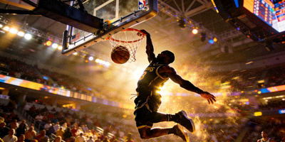 NBA篮球扣篮精彩瞬间，球员腾空而起完成暴扣