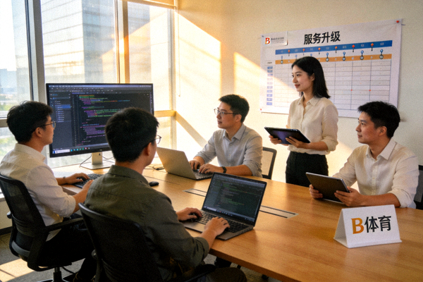 B体育官网服务升级技术团队在办公区协同工作的场景照片