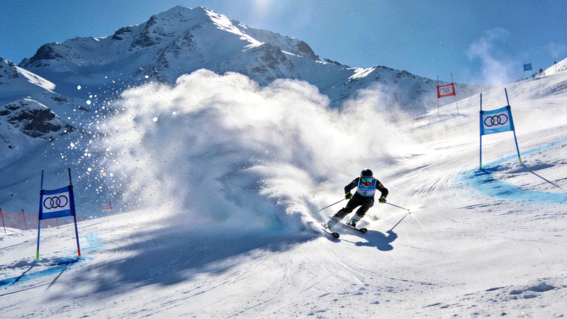 雪山上滑雪运动员沿赛道高速滑降，身后扬起大片雪雾