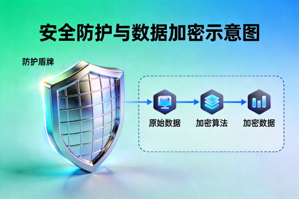 安全防护盾牌与数据加密概念示意图