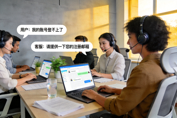 用户服务支持团队在线解答问题的办公场景