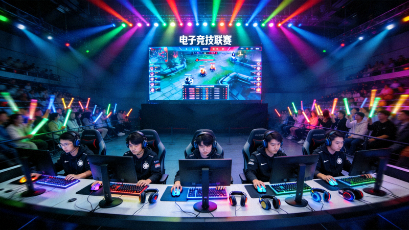 电子竞技比赛现场大屏幕与选手操作设备的全景画面